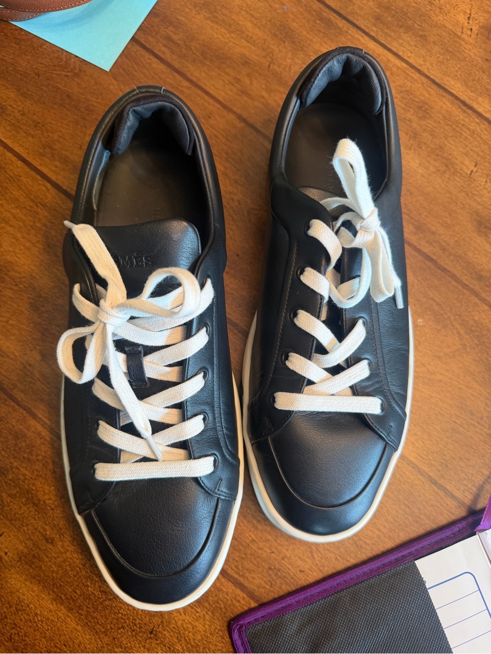 Hermes Black Leather Low-Top Sneakers with White Soles and Laces - Picture 7 of 11
